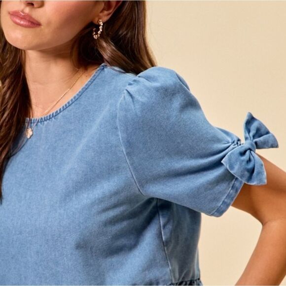 SO ME Denim Bow Cuff Short Puff Sleeves Denim Peplum Top sz Small - Picture 7 of 11